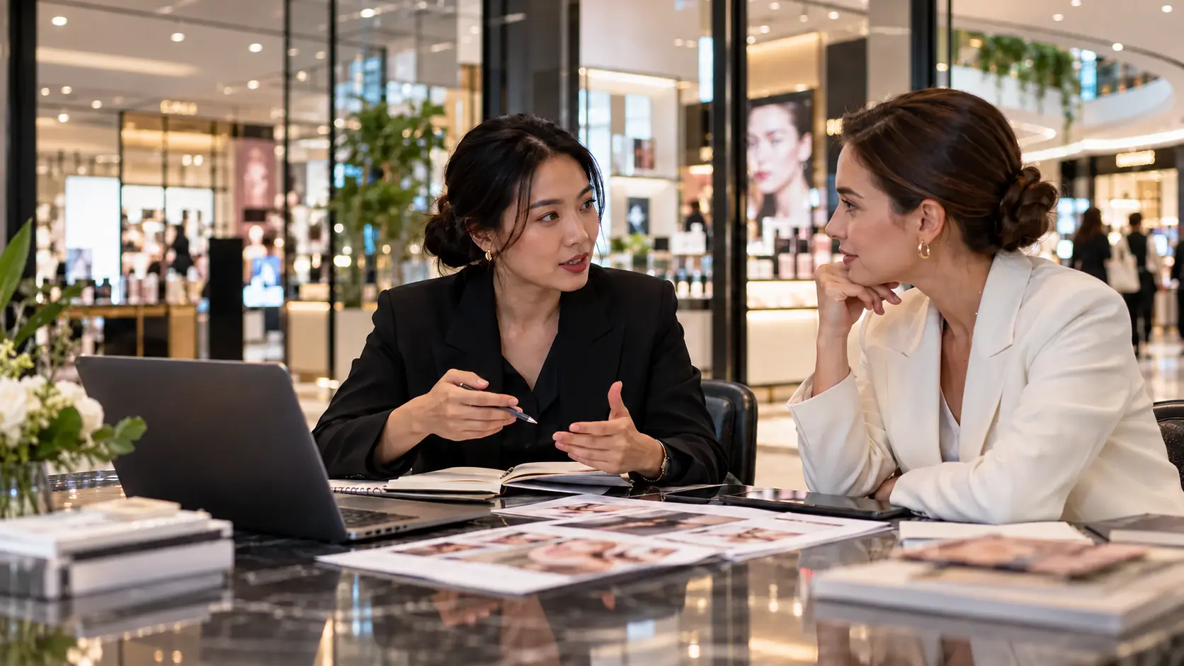 Beauty brand and retail professionals discussing a market-entry plan.