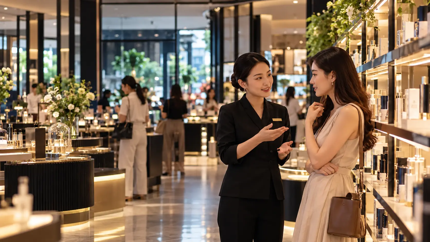 A beauty adviser speaking with a shopper in a modern Vietnamese beauty retailer.