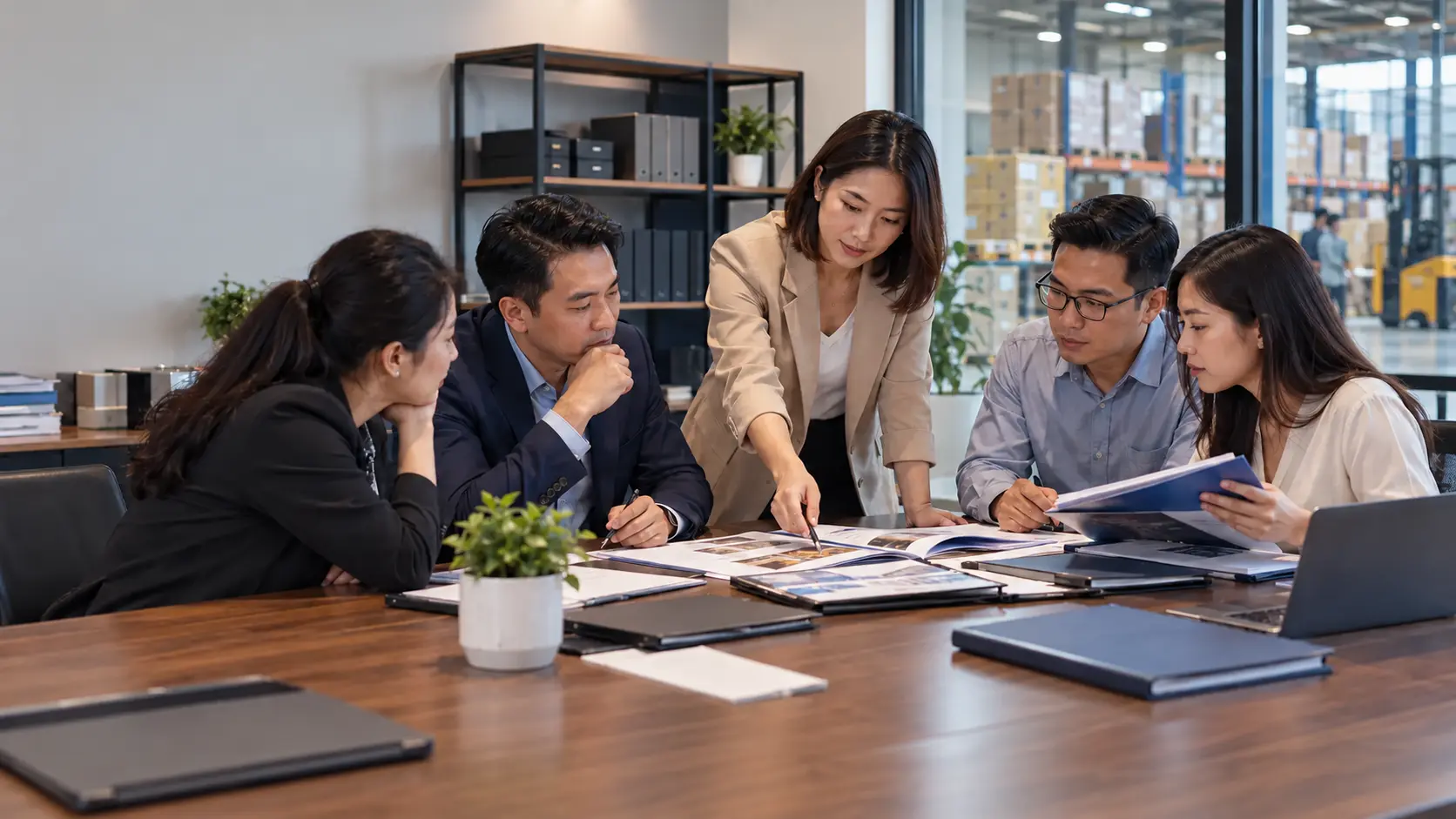 A brand owner and Vietnamese distribution team reviewing partner proposals.