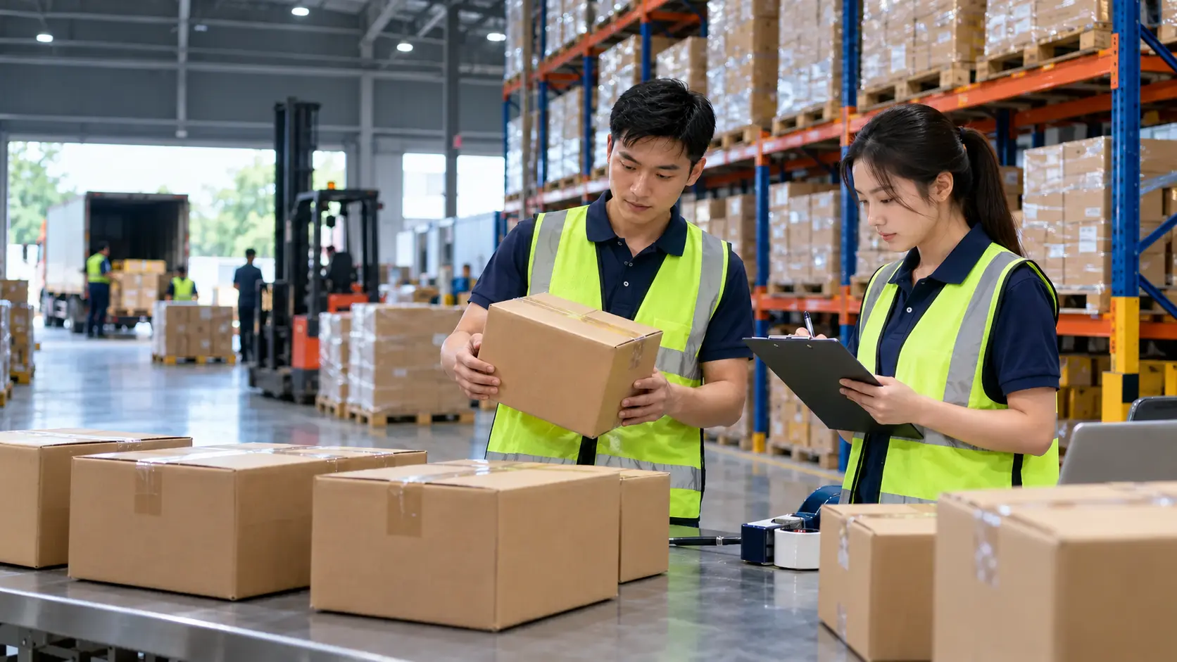 Distribution staff checking a launch shipment and checklist in a warehouse.