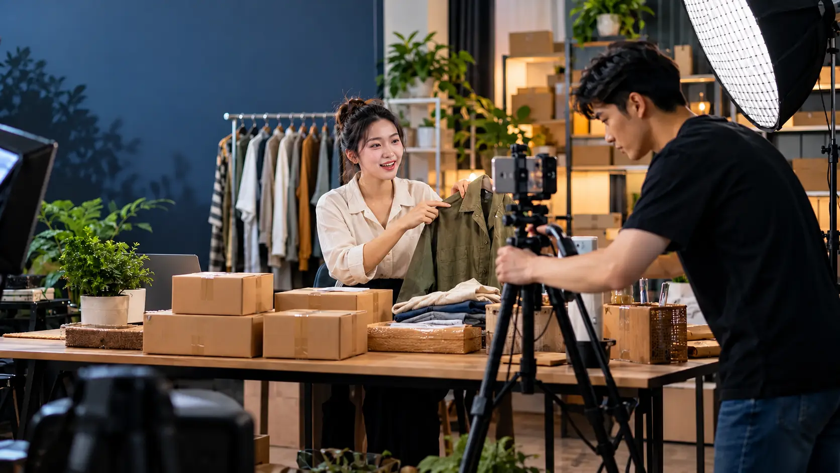 Vietnamese livestream presenter and production team preparing customer parcels.
