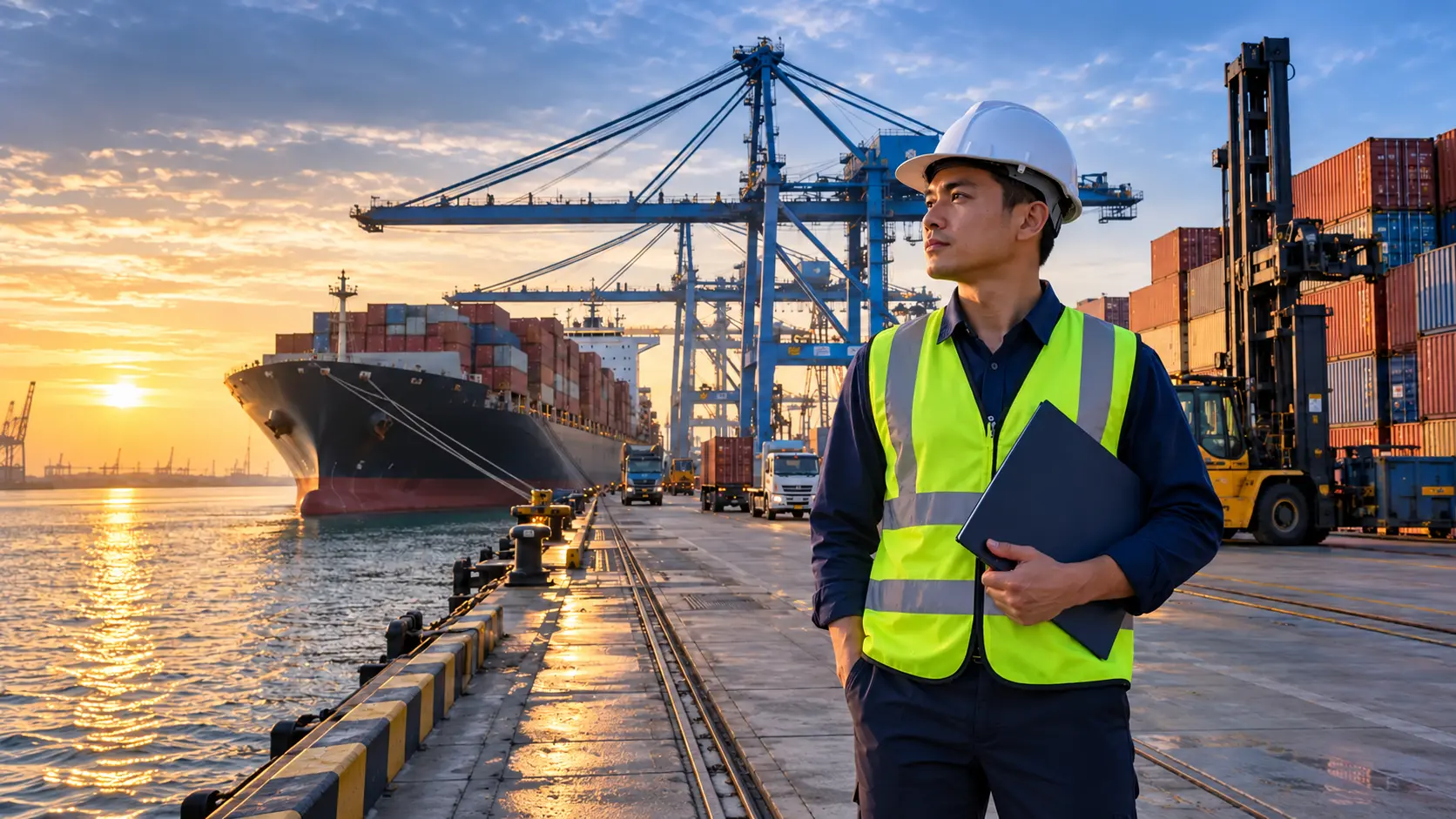 Logistics professional at a container port in Vietnam.