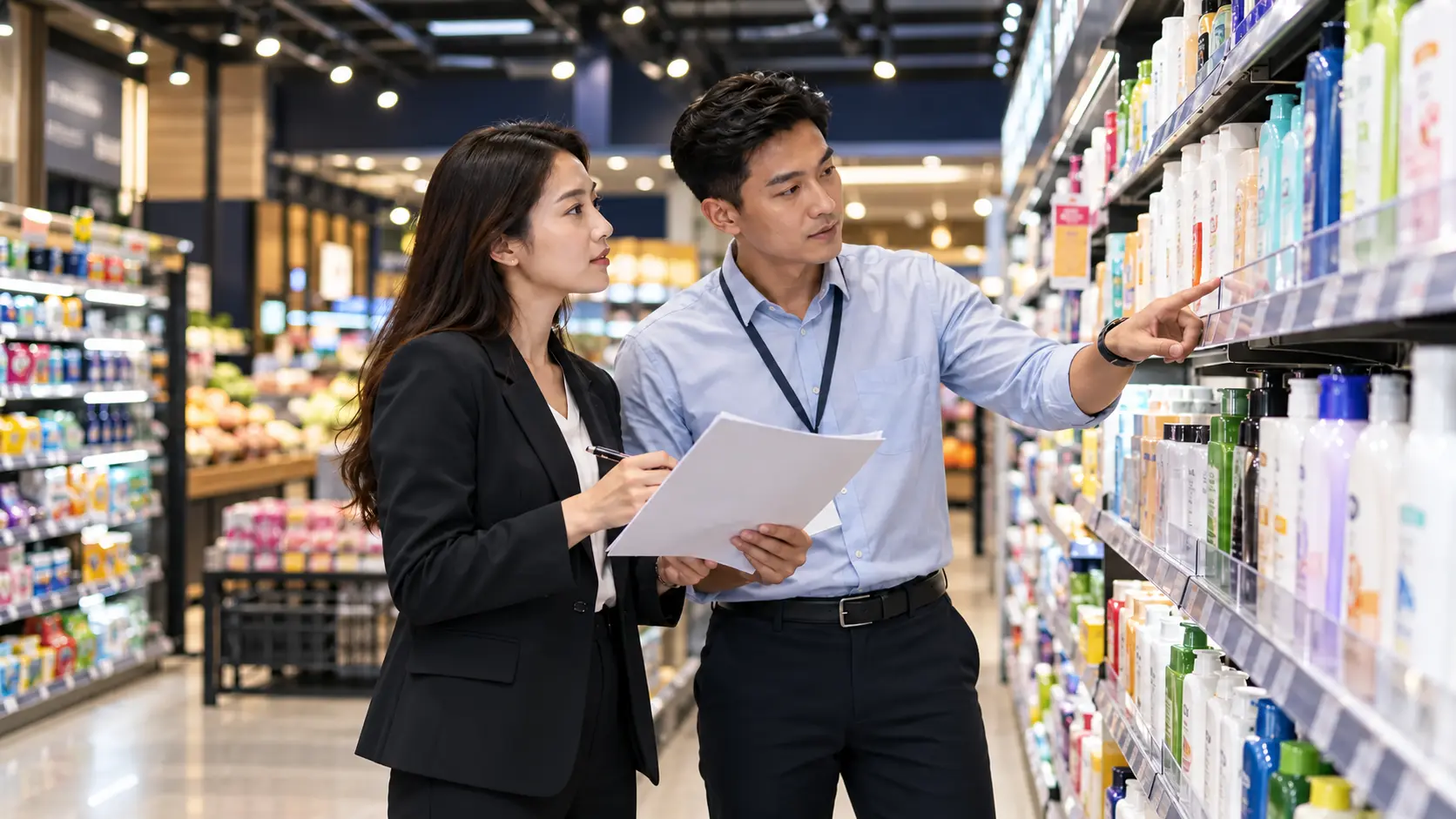 Retail category and supplier managers reviewing supermarket shelf placement.