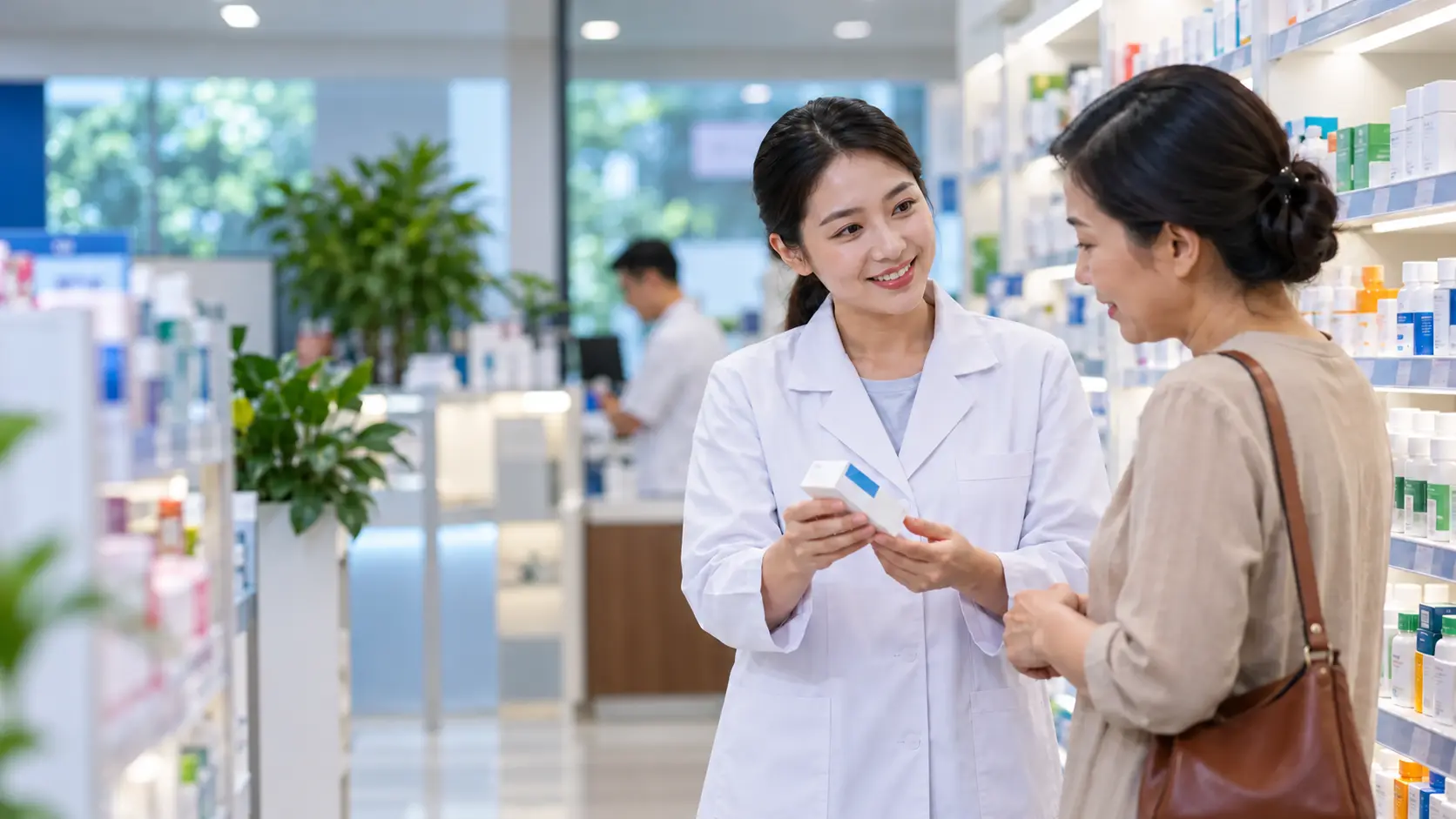 A pharmacist advising a shopper in a Vietnamese pharmacy.