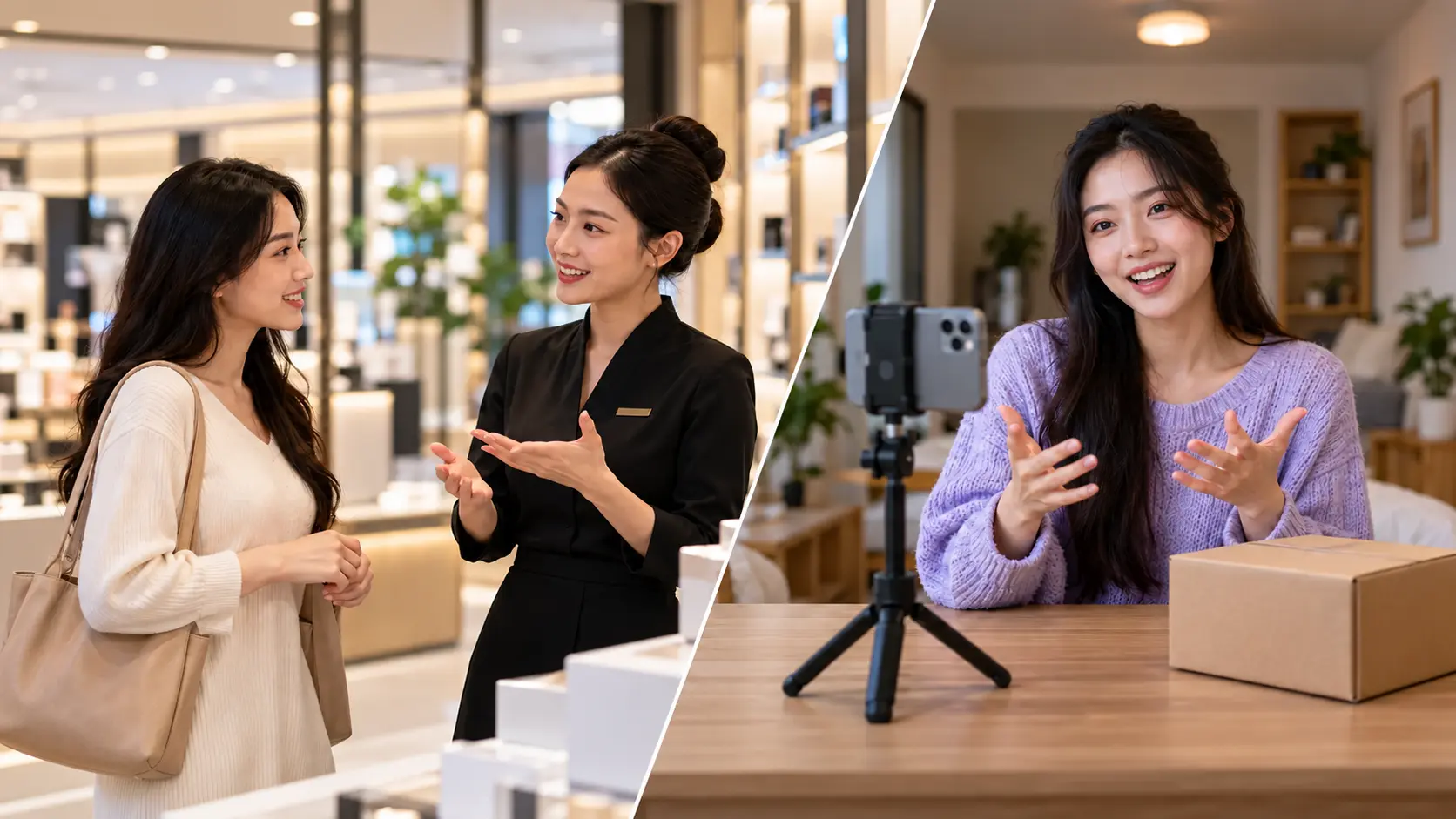 Vietnamese beauty retail shopping alongside a livestream presenter with a phone and parcel.