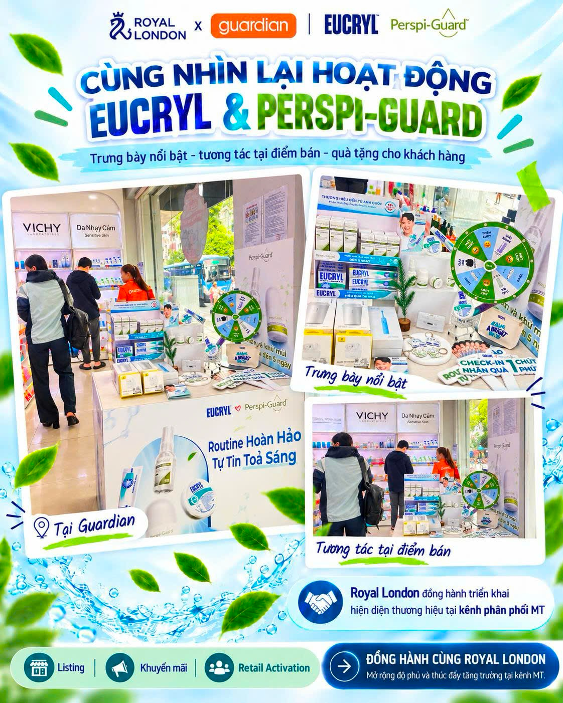 Hình tổng kết hoạt động của Royal London với trưng bày Eucryl và Perspi-Guard, vòng quay may mắn và tương tác khách hàng tại Guardian.